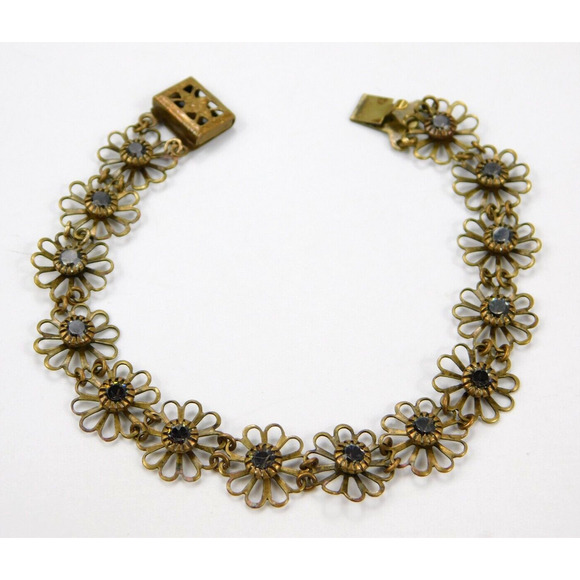 Liz Palacios Rhinestone Brass Tone Openwork Flower Bracelet 6.5" Long 1/2" Wide - Picture 1 of 4